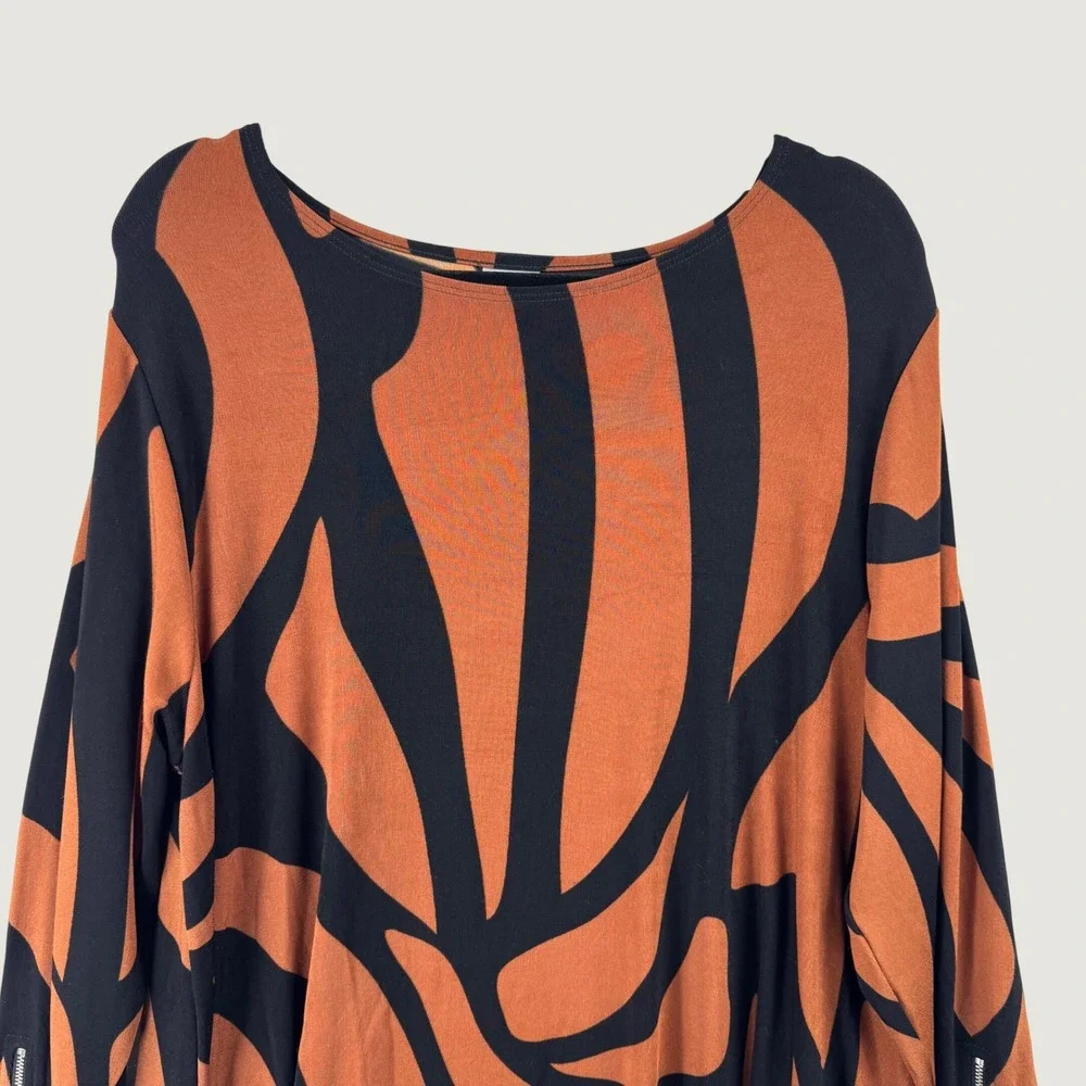 Chico's Travelers Top Womens 20/22 Rust Black Abstract Zipper Cuff Blouse